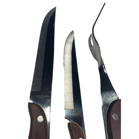 3 Vintage Stainless Steel Carving Meat Fork, 2 Knifes Brown Wooden Handles Japan - Picture 5 of 8